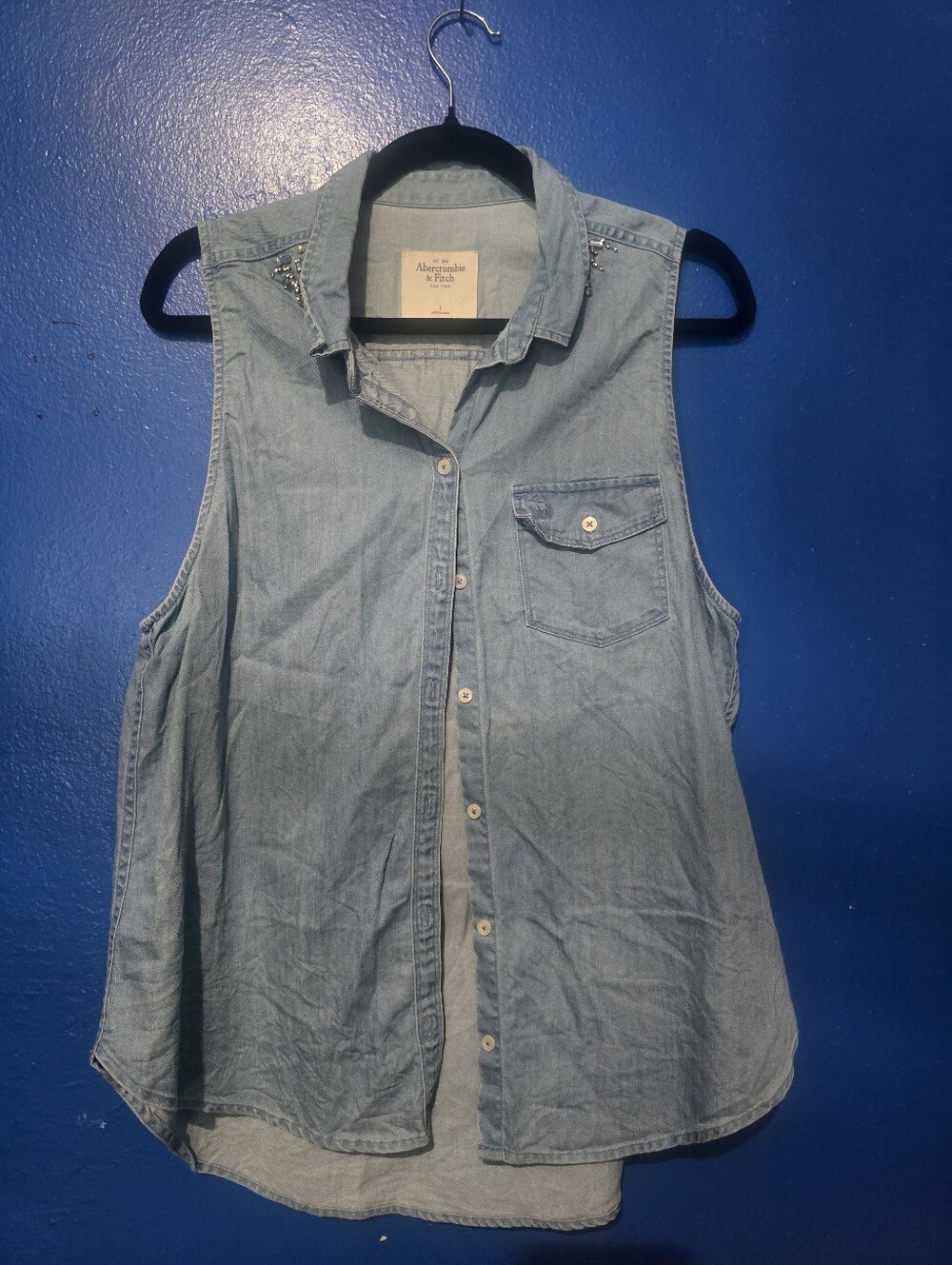 Abercrombie & Fitch Womens Denim Sleeveless Button Front Vest Size L Gemstones